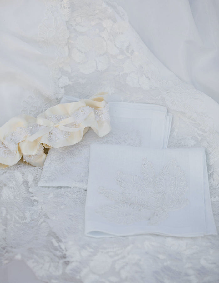 wedding garter and handkerchiefs w lace and pearls handmade from bride's mom's wedding dress by The Garter Girl