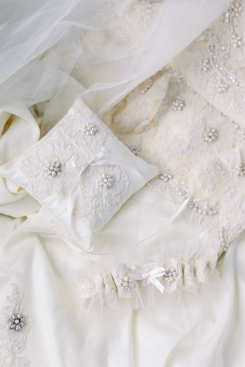 custom garter & ring pillow made from bride's mom's wedding dress and grandmother's veil