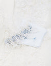 wedding garter heirloom handmade from the bride's mother's wedding dress hem with lace, pearls and dusty blue satin by The Garter Girl