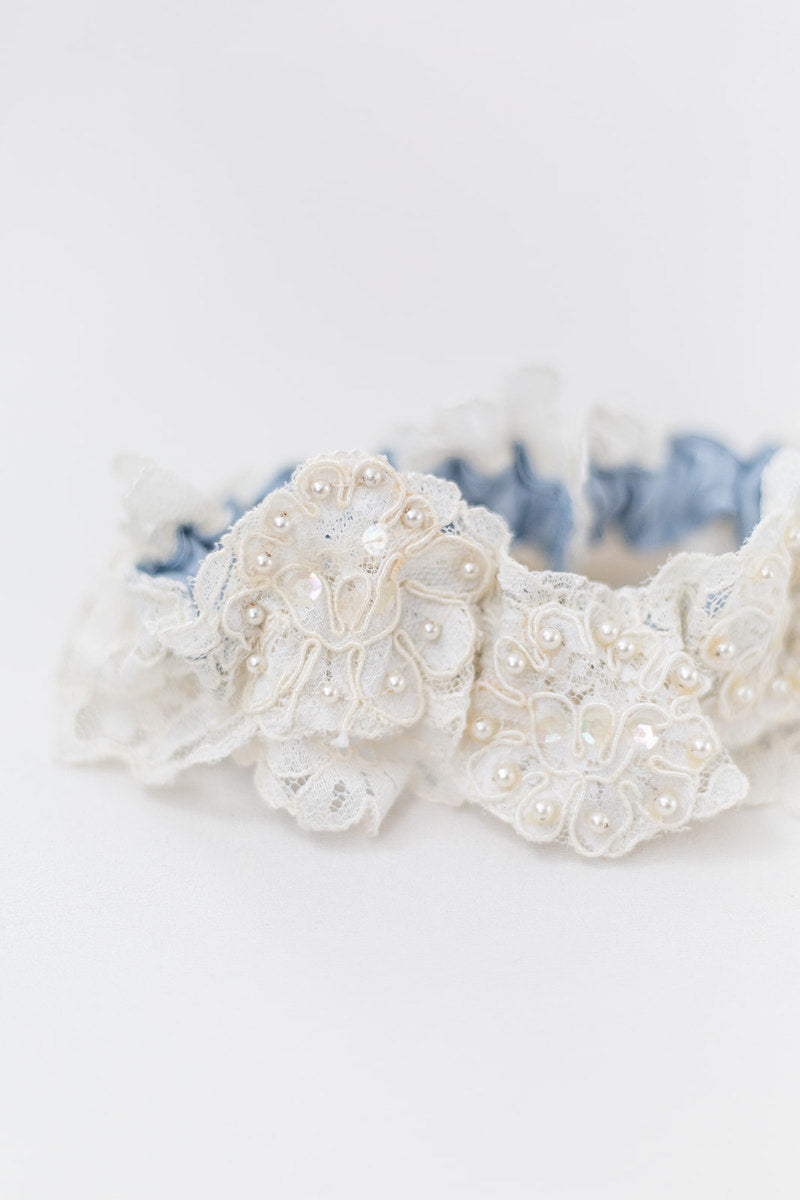 dusty blue garter heirloom lingerie pearls