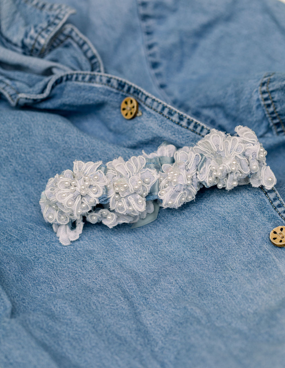 wedding garter heirloom handmade with grandmother's shirt and mother's wedding dress lace and pearls by The Garter Girl