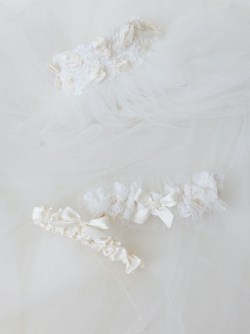 Lace Tulle and Pearls Garter Set Made From Mother's Bridal Veil