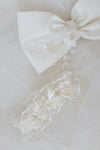 wedding garter handmade from the bride's mother's bridal veil with lace, tulle and pearls from expert heirloom designer, The Garter Girl