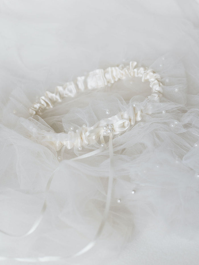 wedding garter set handmade from bride's mother's wedding veil with tulle & pearls by The Garter Girl