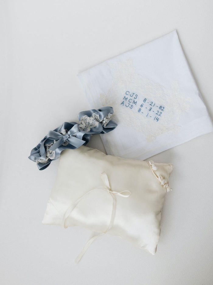 custom lace wedding garter and handkerchief with personalized embroidery handmade with lace from the bride's mother's wedding ring bearer pillow by The Garter Girl