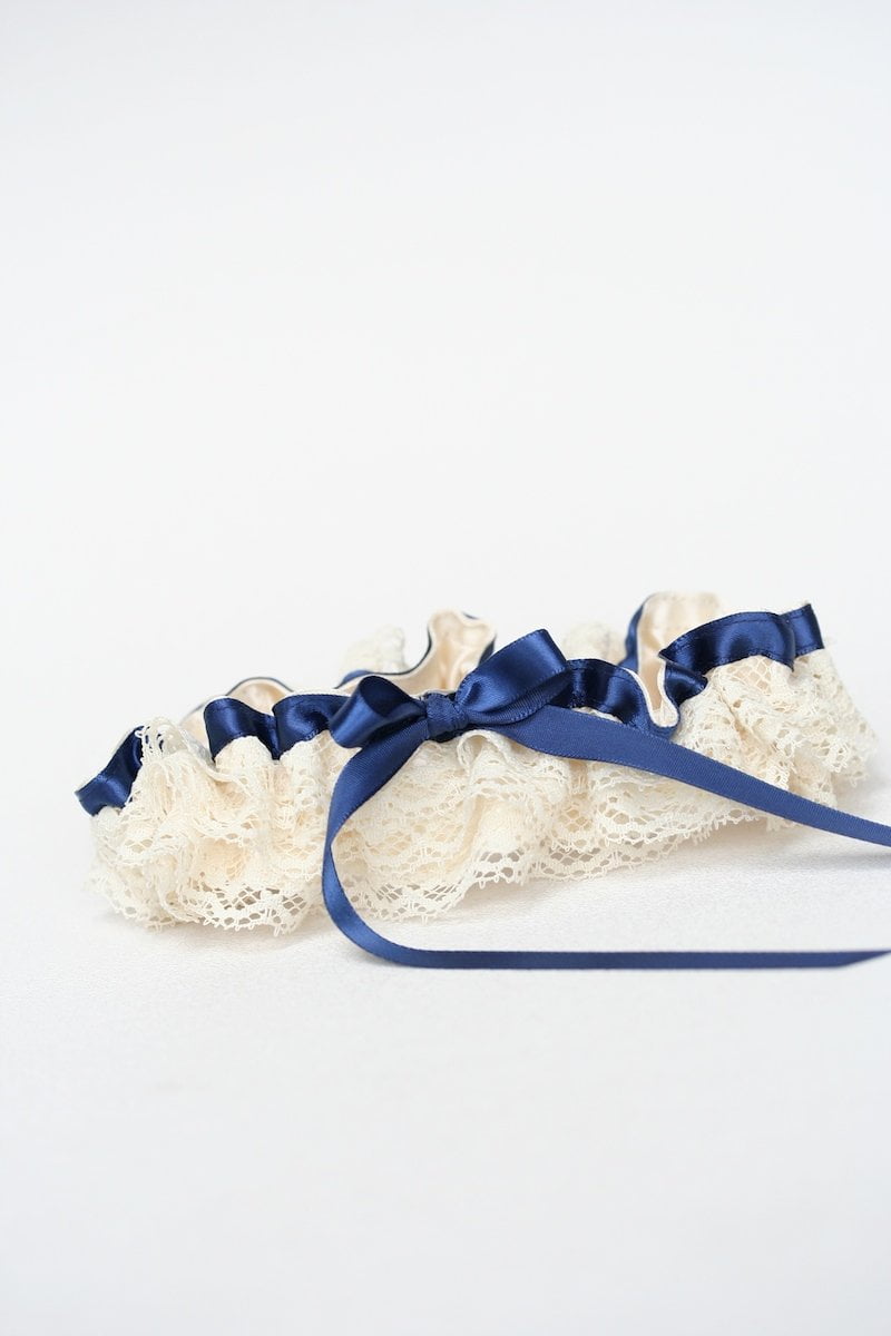 Custom Navy Blue and Ivory Lace Ruffled Garter