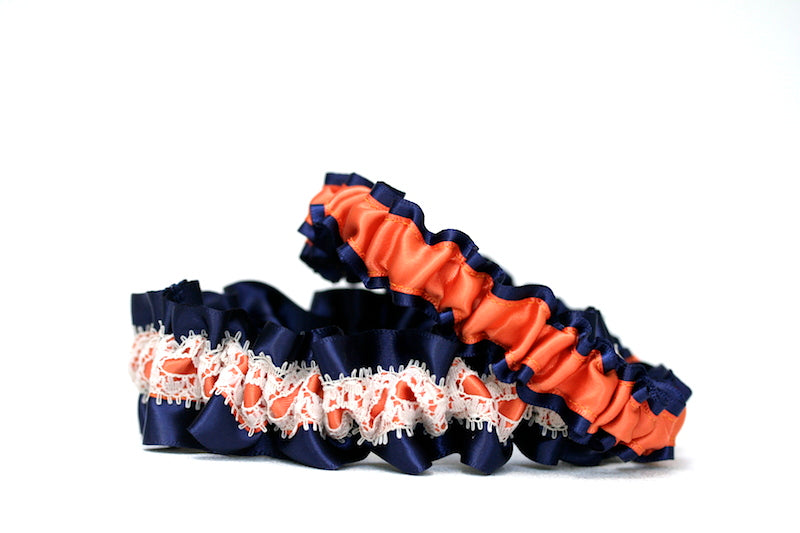 Navy, Coral and Lace Garter Set