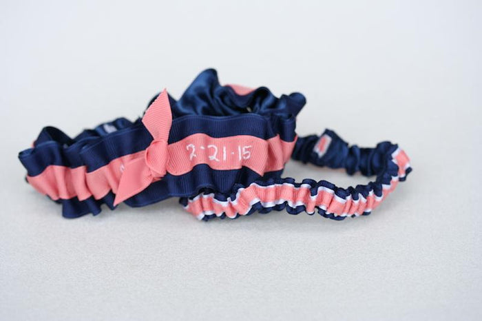Navy, Coral and White Embroidered Garter Set