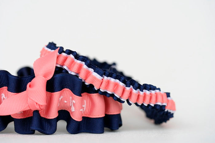 Navy, Coral and White Embroidered Garter Set