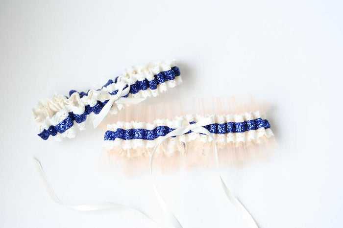 Peach, Navy Blue and Lace Garter Set