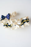 custom wedding garter with navy blue and gold