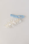 personalized wedding garter set with lace, blue and embroidery