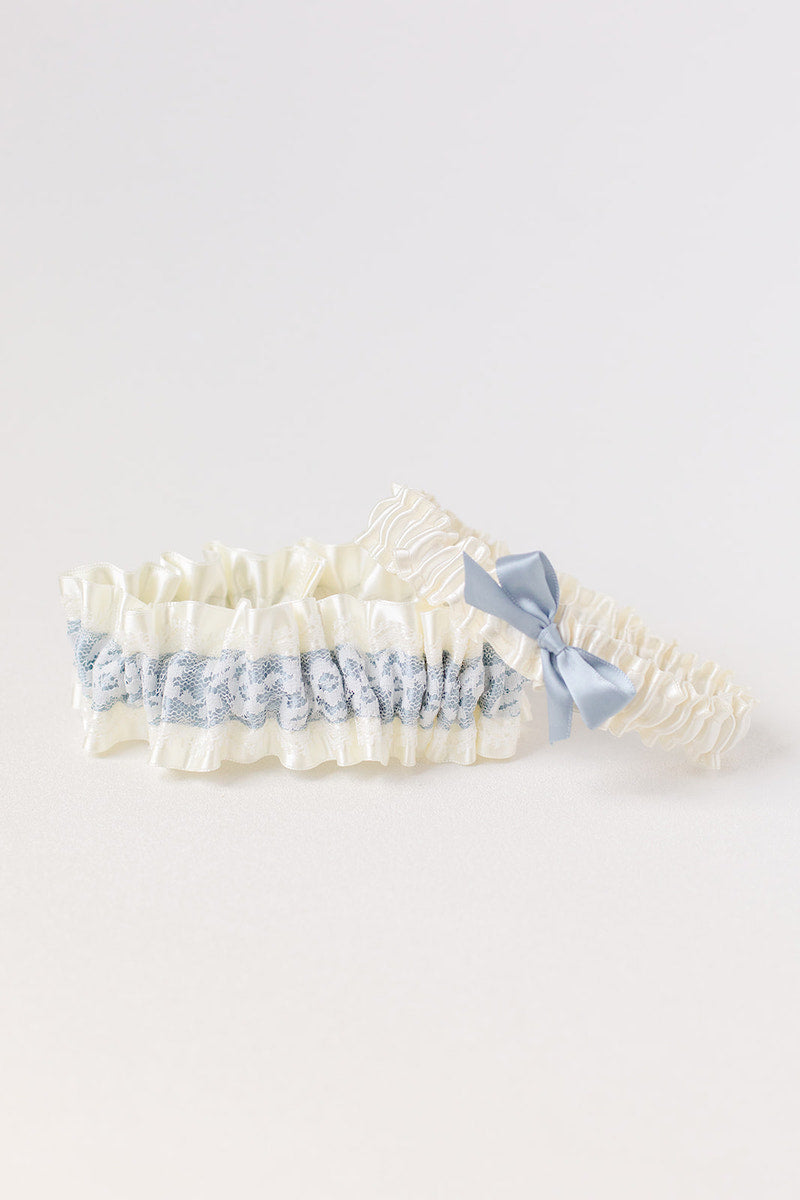Garter Set: Ivory Floral Lace with Dusty Blue & Personalized Embroidery