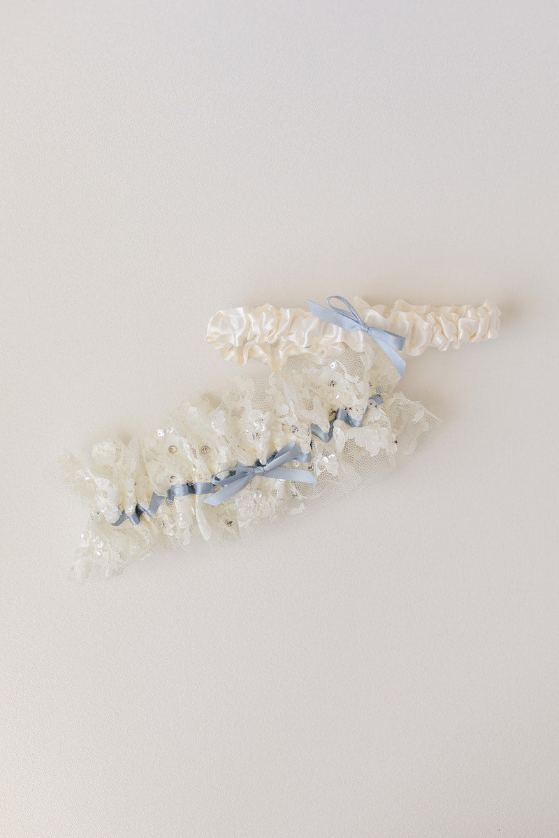 personalized bridal garter made from sparkle wedding dress lace