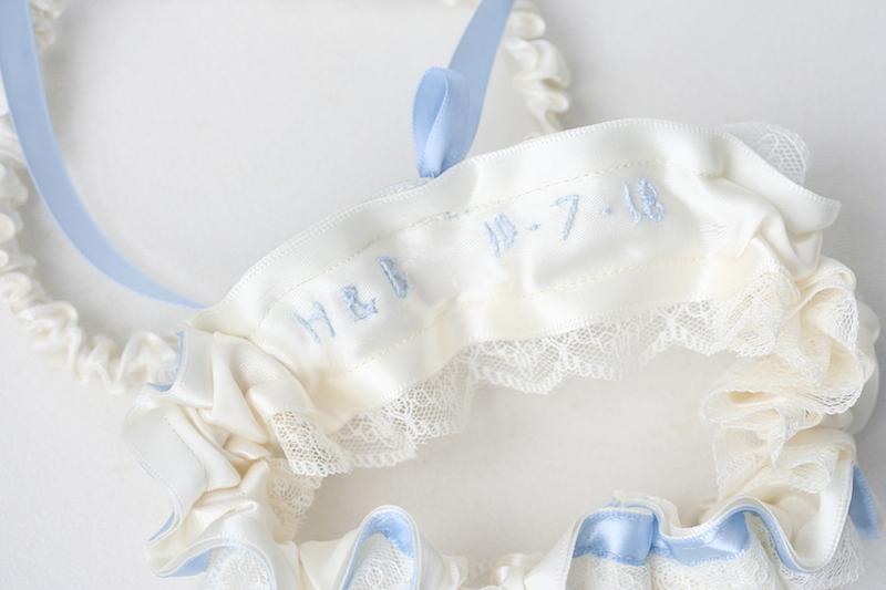 Garter Set: Wedding Date on Inside, Lace Ruffles & Blue