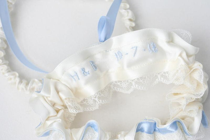 Garter Set: Wedding Date on Inside, Lace Ruffles & Blue
