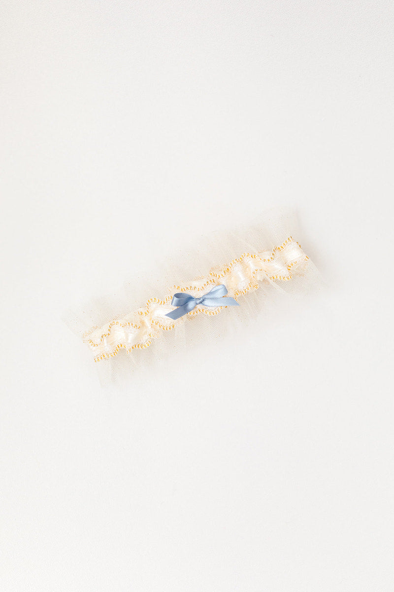 personalized garter with gold lace and tulle and dusty