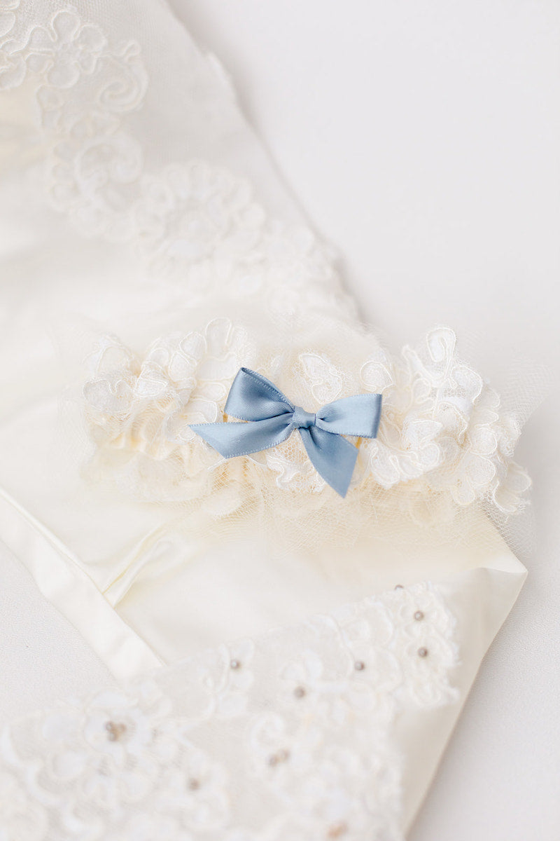 personalized garter made from mother's wedding dress sleeve