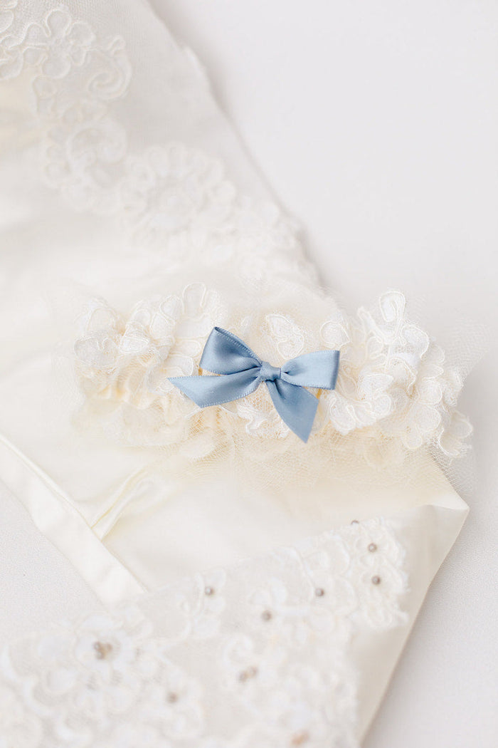 personalized garter made from mother's wedding dress sleeve