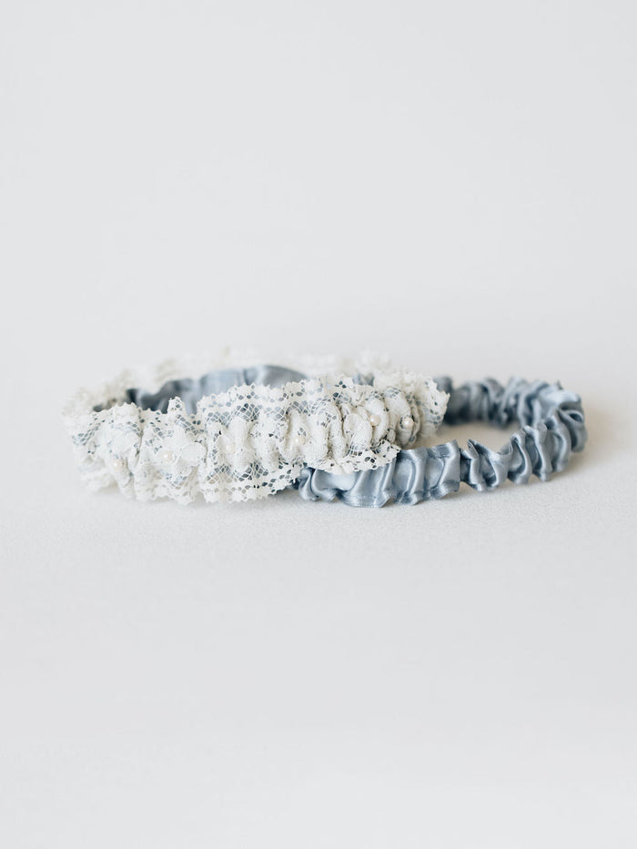 lace and pearl wedding garter set handmade and personalized by The Garter Girl