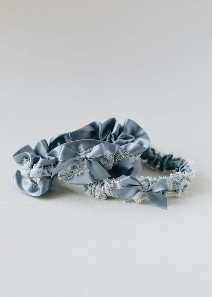 personalized handmade wedding garter set with dusty blue satin and ivory lace by expert bridal heirloom accessories designer, The Garter Girl