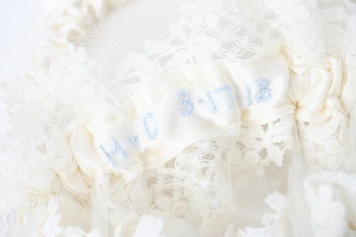 Garter Set: Mother's Wedding Dress Lace with Embroidered Wedding Date