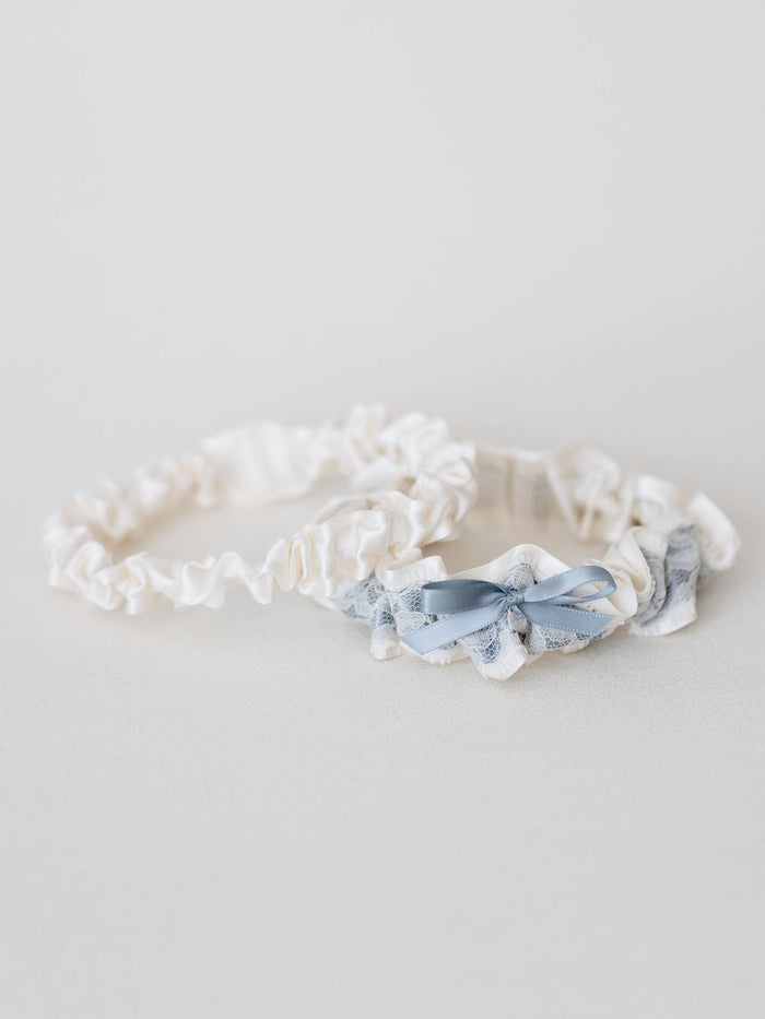 wedding garter set with ivory & blue satin, lace, and bow with personalized embroidery - a handmade wedding heirloom by The Garter Girl