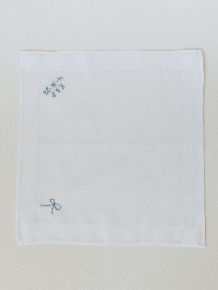 personalized wedding handkerchief hand embroidered with something blue initials and wedding date by expert heirloom designer, The Garter Girl