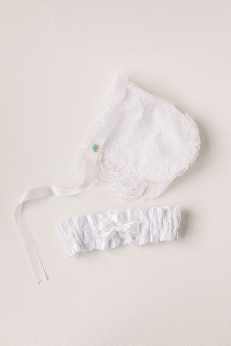 custom garter made from baby bonnet from The Garter Girl