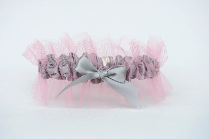 Custom Wedding Garter: Gray and Pink Tulle