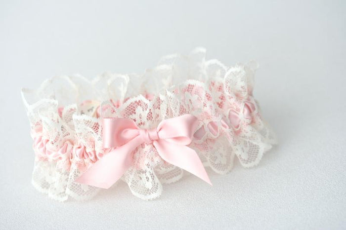 Ivory Lace, Pink and Embroidered Garter