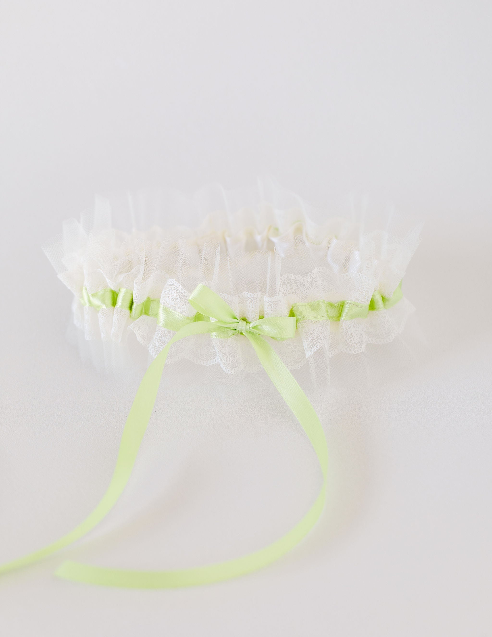 custom wedding garter with pistachio satin, ivory lace & tulle personalized by The Garter Girl