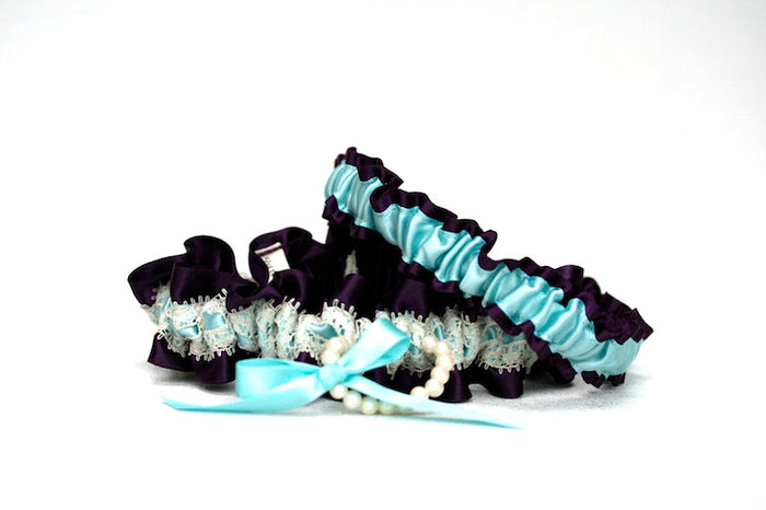 Dark Purple, Aqua, Lace and Pearl Garter Set