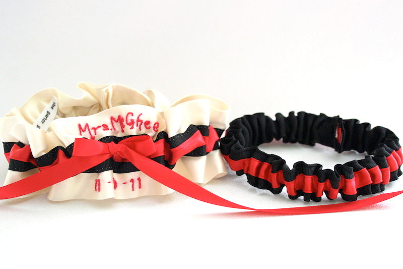 Ivory, Black and Red Embroidered Garter Set