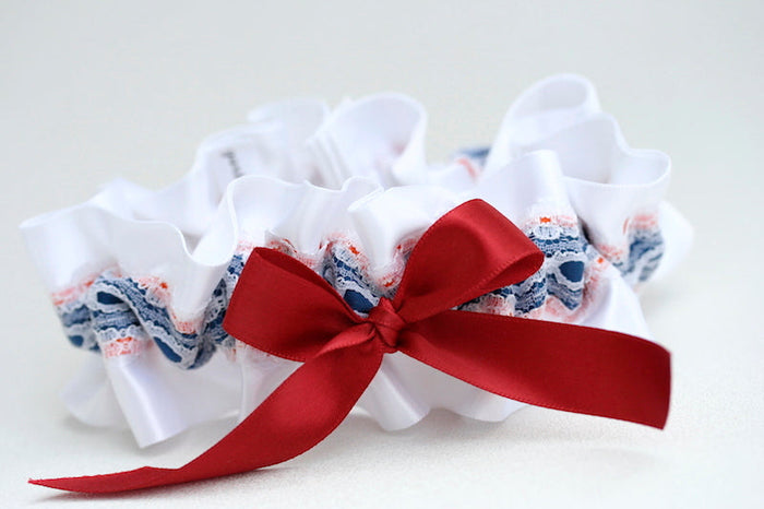 White Lace, Royal Blue, Orange and Red Garter