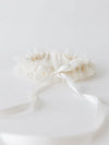 simple and elegant off white lace wedding garter heirloom with long tailed ivory satin bow handmade by The Garter Girl