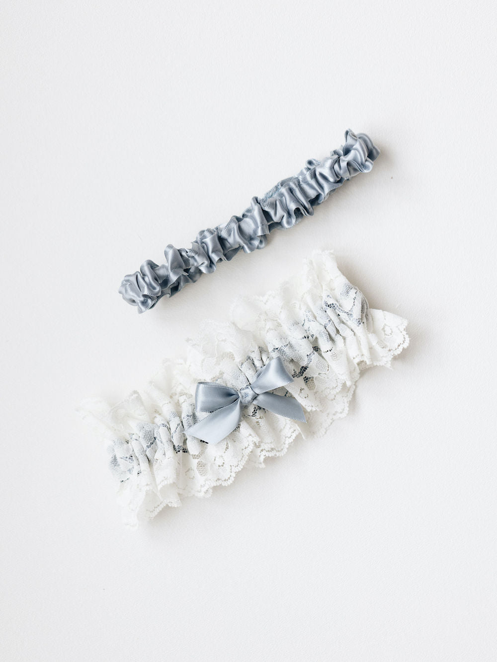  dusty blue satin & ivory lace wedding garter set personalized with hand embroidery by expert bridal accessory designer, The Garter Girl