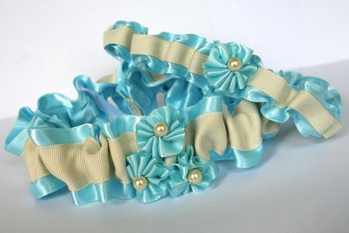 Blue and Ivory Peal Rosette Garter Set