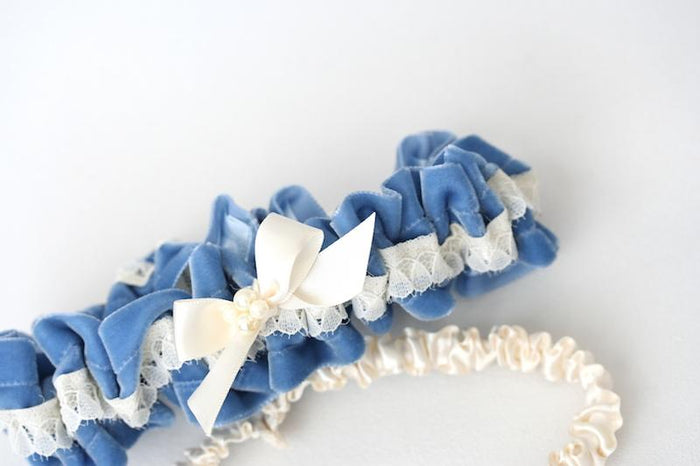 Custom Wedding Garter Spotlight: Blue Velvet & Pearls