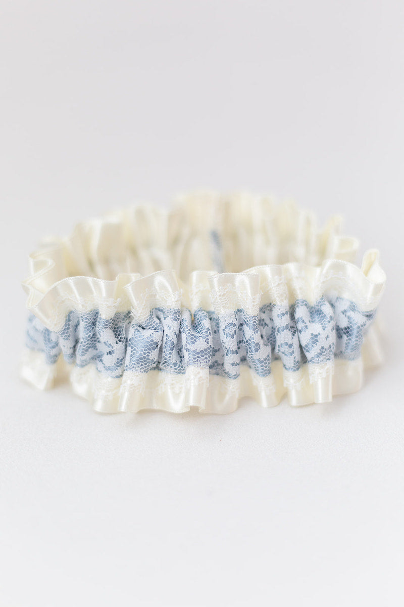 ivory satin and lace with dusty blue custom bridal garter