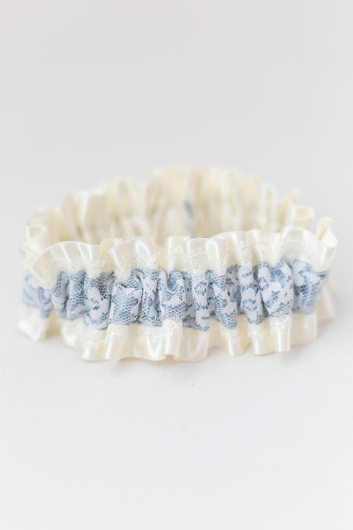 ivory satin and lace with dusty blue custom bridal garter
