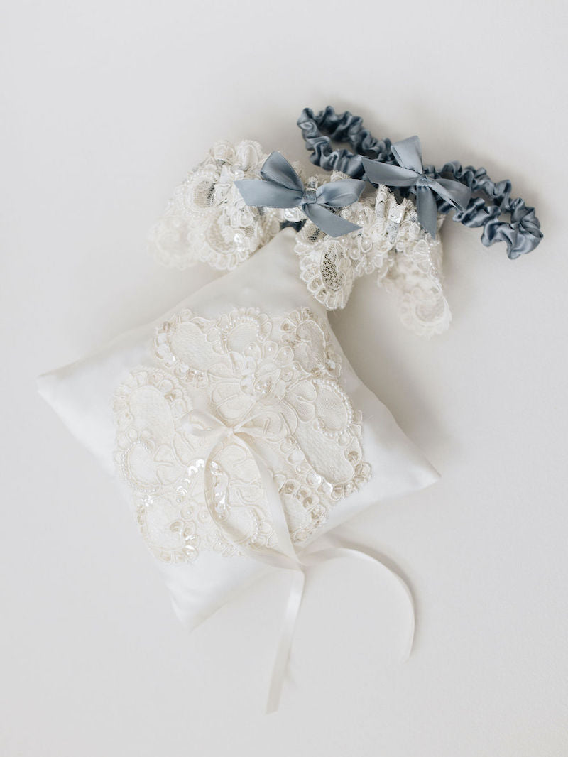 Sparkle and Pearl Dusty Blue Ring Pillow and Bridal Garter Made From Moms Wedding Dress by The Garter Girl