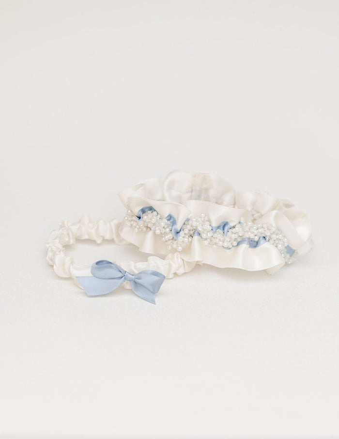 couture wedding garter set heirloom with sparkles, pearls and dusty blue handmade heirloom by The Garter Girl