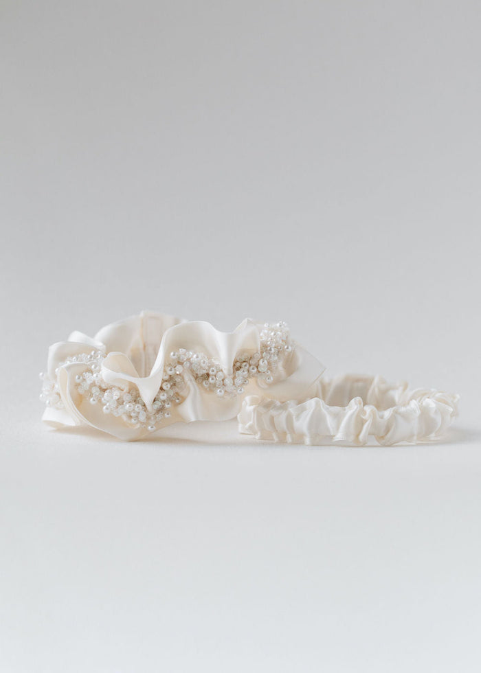 wedding Garter Set handmade with Beaded Sparkles & Satin with Personalized hand Embroidery by wedding heirloom designer, The Garter Girl
