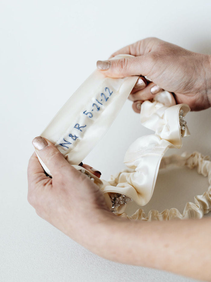 Ivory Sparkle Bridal Garter Personalized With Embroidery by The Garter Girl 