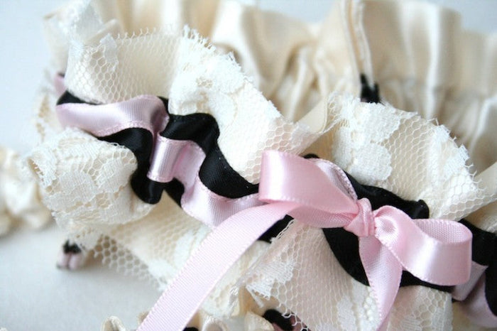 Ivory Lace, Black and Pink Garter Set