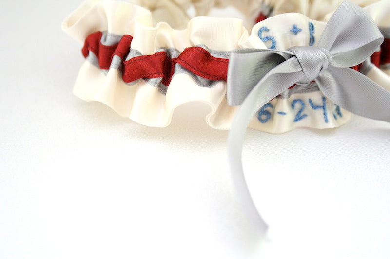 Custom Garter Spotlight:  Gray, Red and Blue Embroidered