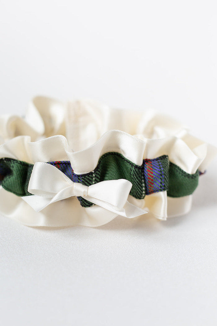 tartan plaid custom bridal garter with personalized patch made from sisters wedding dress