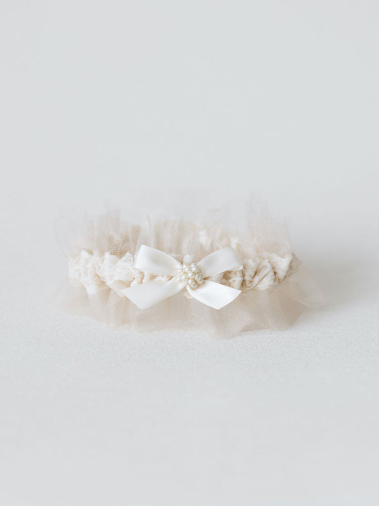 Lace, Tulle and Pearls Bridal Garter with Blue Embroidery