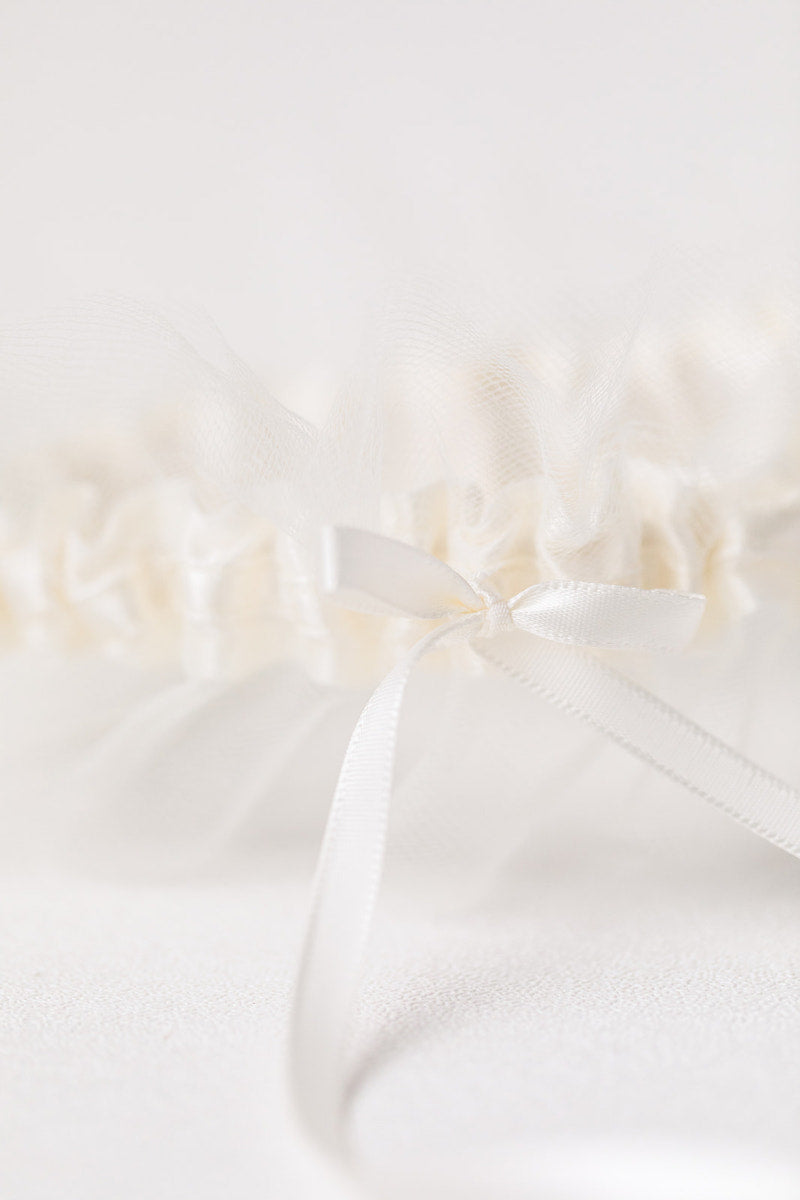 custom wedding garter with ivory satin and tulle